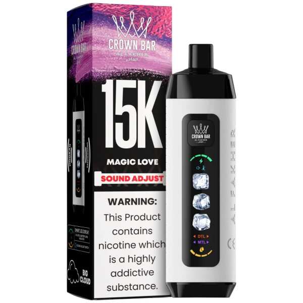 Magic Love Al Fakher Crown Bar Ice Adjust 15K disposable vape with colorful tropical fruit graphics and smart display on white background.
