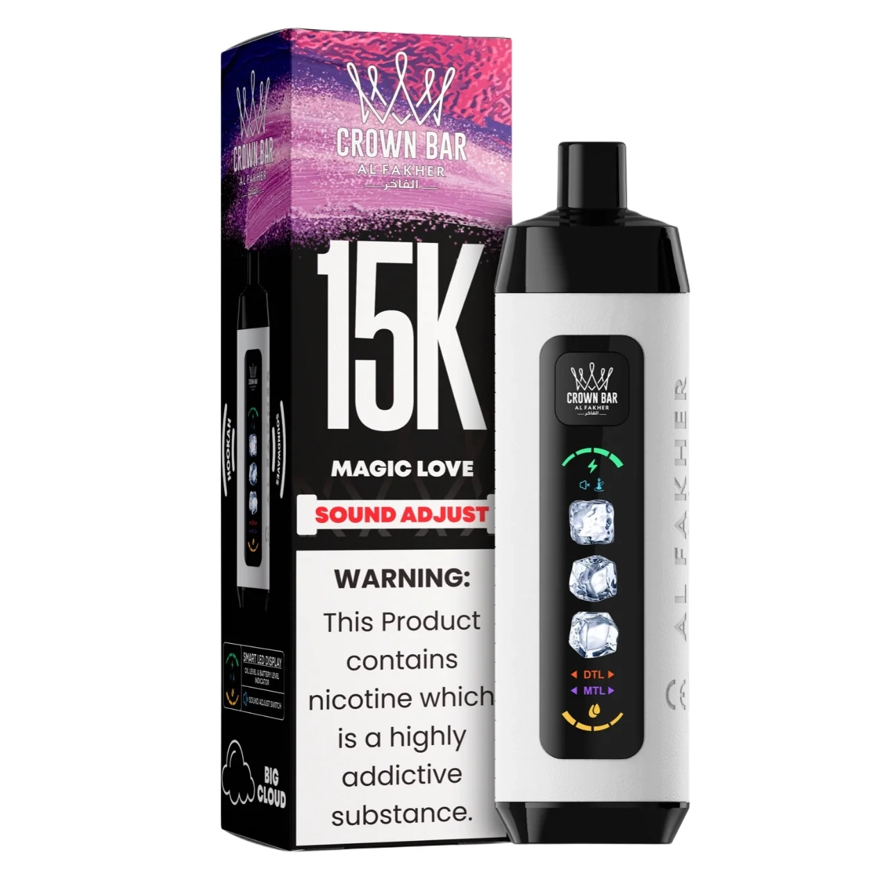 Magic Love Al Fakher Crown Bar Ice Adjust 15K disposable vape with colorful tropical fruit graphics and smart display on white background.