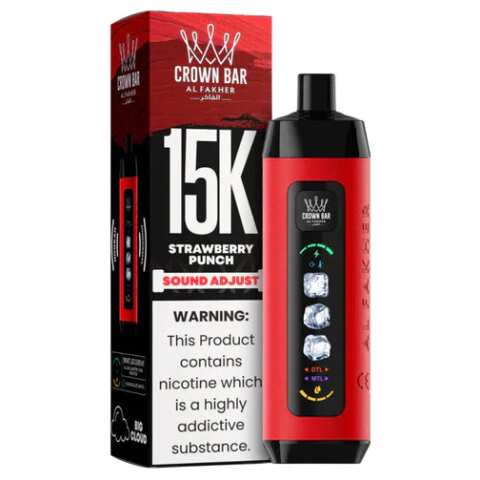 Strawberry Punch Al Fakher Crown Bar Ice Adjust 15K disposable vape with strawberry graphics and smart display on white background.