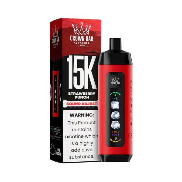 Strawberry Punch Al Fakher Crown Bar Ice Adjust 15K disposable vape with strawberry graphics and smart display on white background.