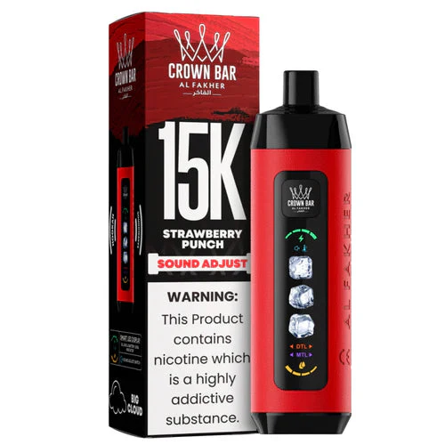 Strawberry Punch Al Fakher Crown Bar Ice Adjust 15K disposable vape with strawberry graphics and smart display on white background.