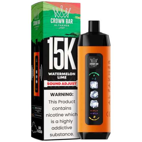 Watermelon Lime Al Fakher Crown Bar Ice Adjust 15K disposable vape with watermelon and lime graphics and smart display on white background.