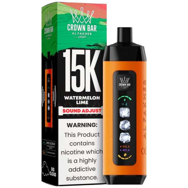 Watermelon Lime Al Fakher Crown Bar Ice Adjust 15K disposable vape with watermelon and lime graphics and smart display on white background.