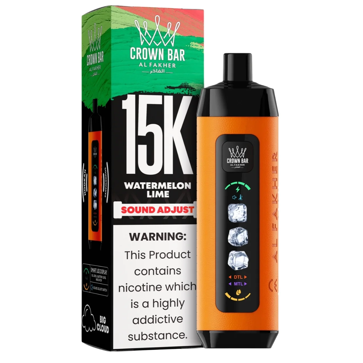 Watermelon Lime Al Fakher Crown Bar Ice Adjust 15K disposable vape with watermelon and lime graphics and smart display on white background.