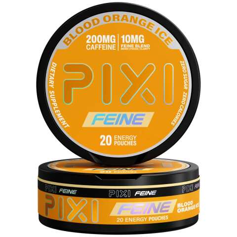 Blood Orange Ice Pixi Feine Energy Pouches can with blood orange citrus graphics and modern energy pouch design on white background.