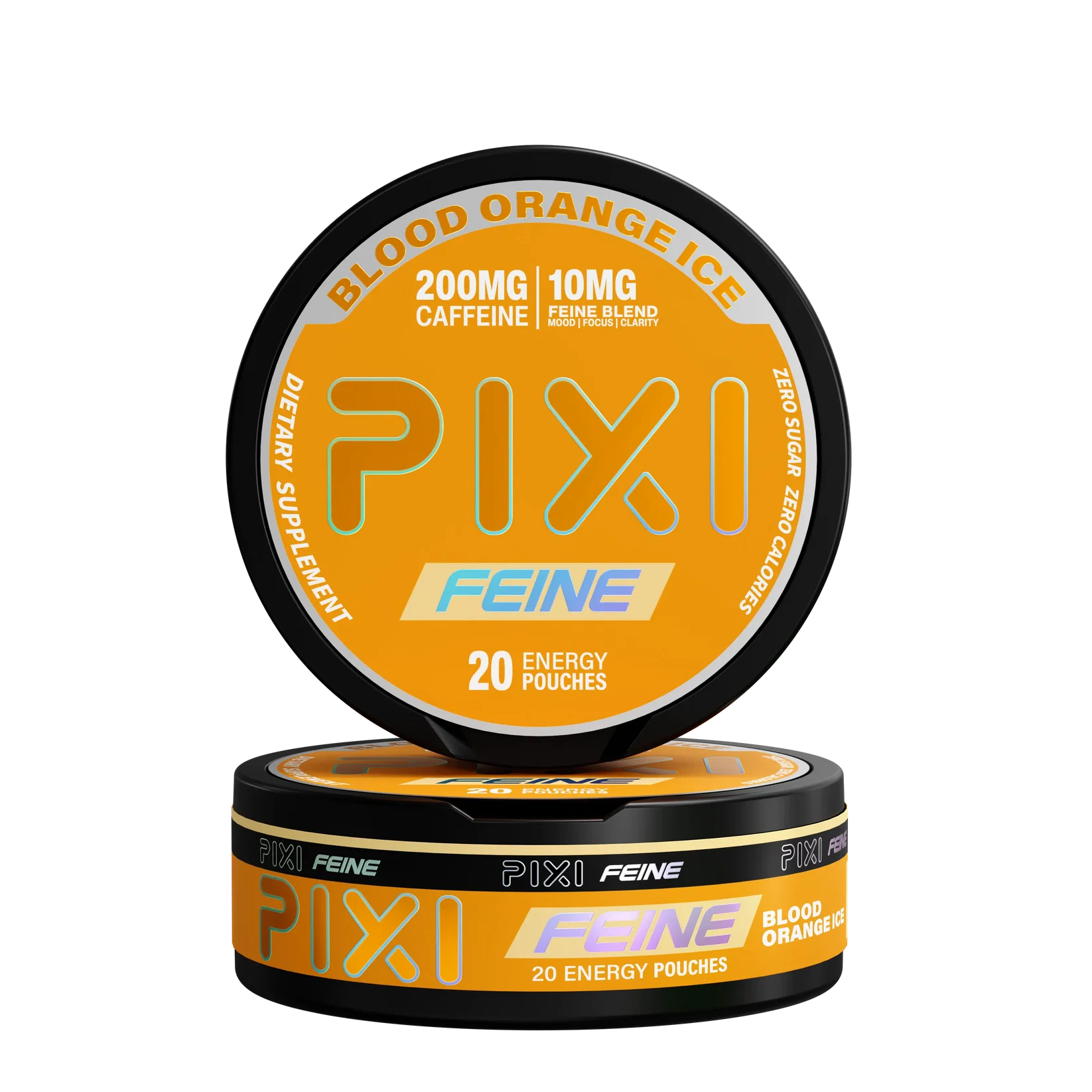 Blood Orange Ice Pixi Feine Energy Pouches can with blood orange citrus graphics and modern energy pouch design on white background.