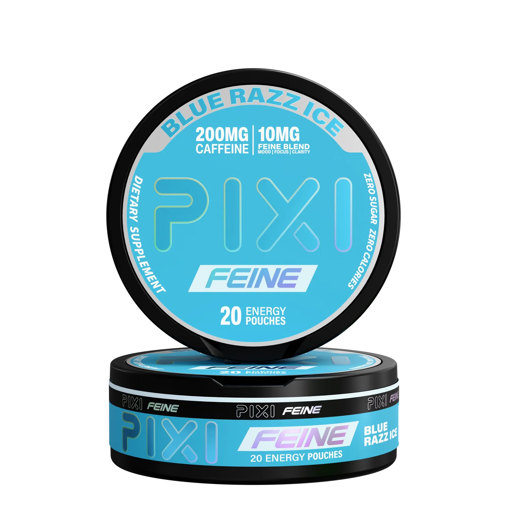 Blue Razz Ice Pixi Feine Energy Pouches can with blue raspberry graphics and icy energy pouch packaging on white background.
