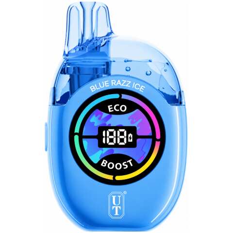 Blue Razz Ice UT Clear Tank 50K disposable vape with blue raspberry graphics, transparent e-liquid tank, and modern display on white background.