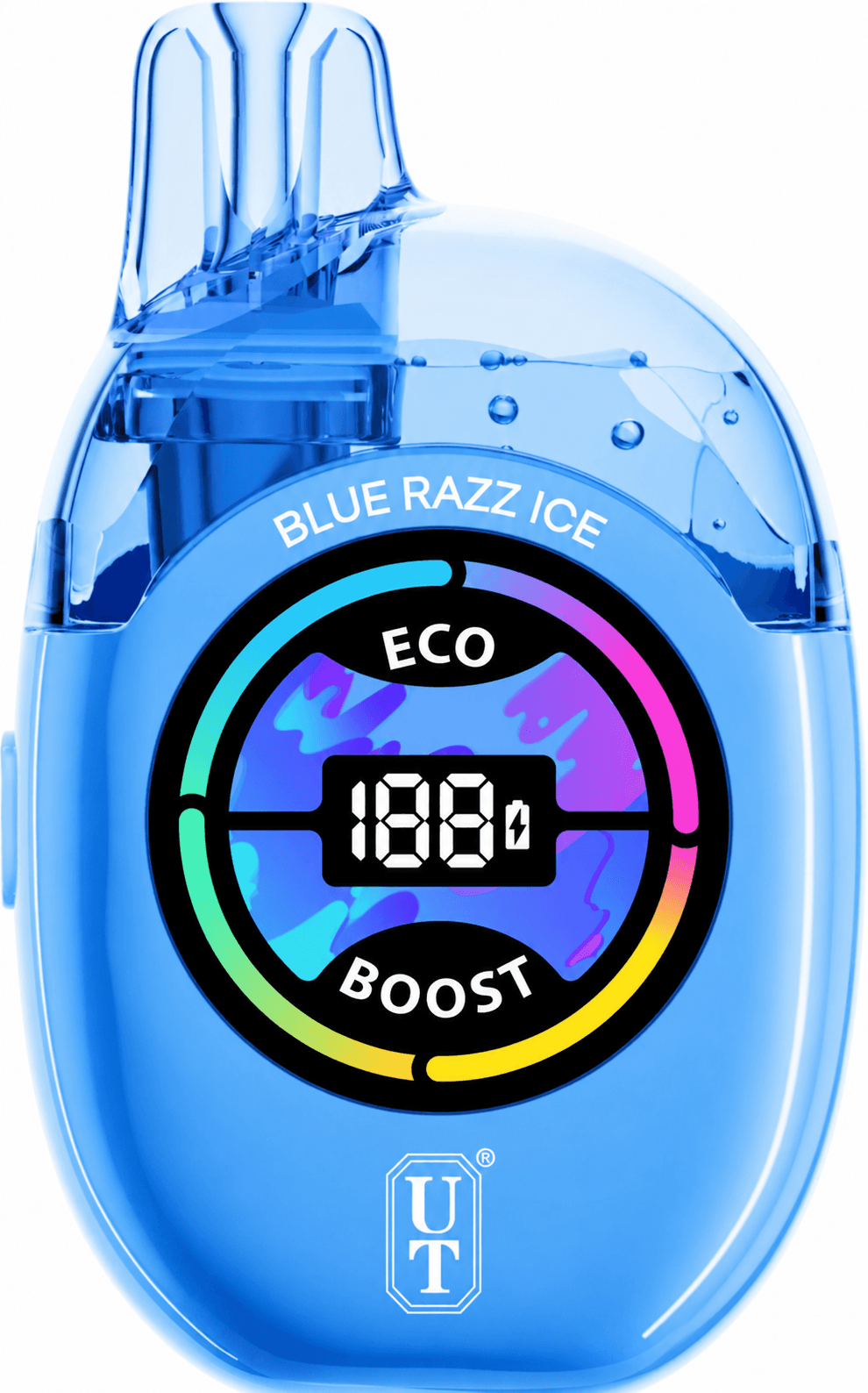 Blue Razz Ice UT Clear Tank 50K Blue Razz Ice UT Clear Tank 50K disposable vape with blue raspberry graphics, transparent e-liquid tank, and modern display on white background.