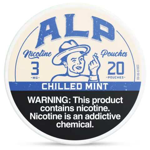 Chilled Mint ALP Nicotine Pouches can with icy mint graphics and slim tobacco-free pouch packaging on white background.