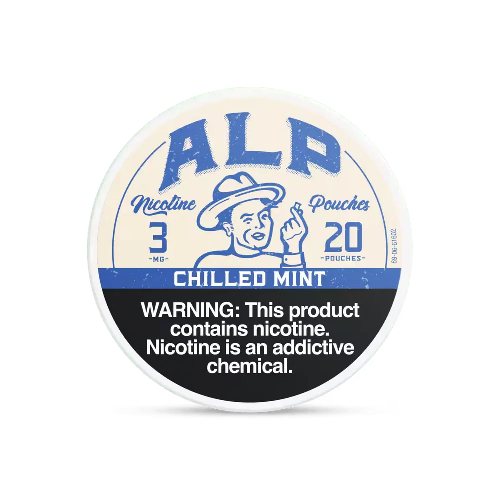 Chilled Mint ALP Nicotine Pouches can with icy mint graphics and slim tobacco-free pouch packaging on white background.