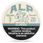 Classic ALP Nicotine Pouches can with minimal traditional-style design and slim tobacco-free pouch packaging on white background.