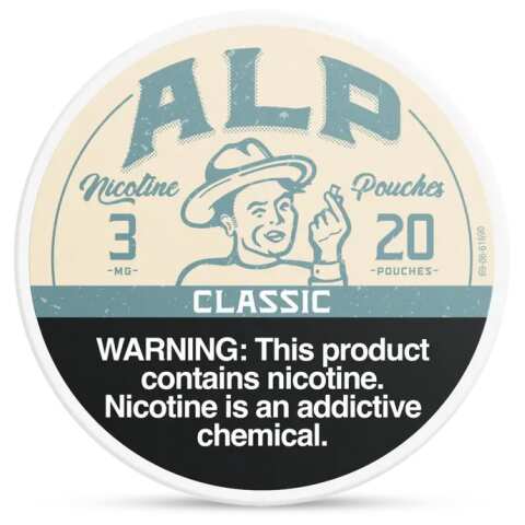 Classic ALP Nicotine Pouches can with minimal traditional-style design and slim tobacco-free pouch packaging on white background.