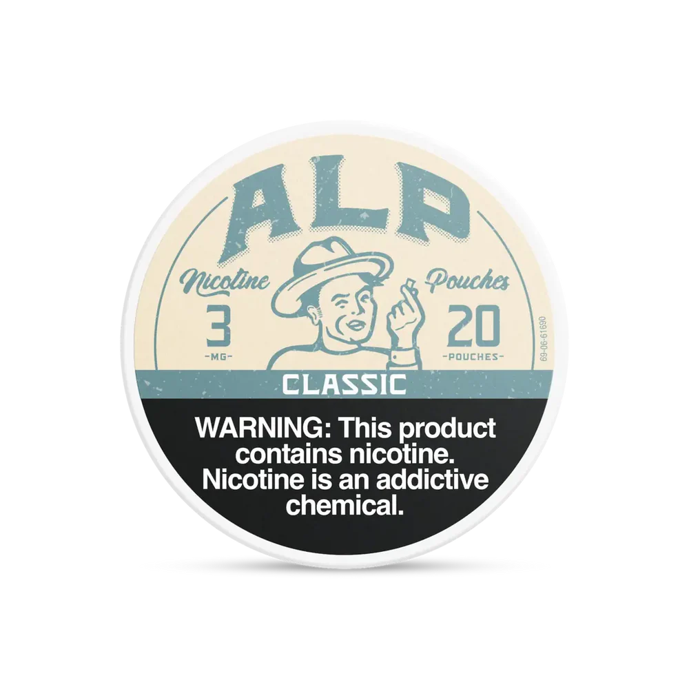 Classic ALP Nicotine Pouches can with minimal traditional-style design and slim tobacco-free pouch packaging on white background.