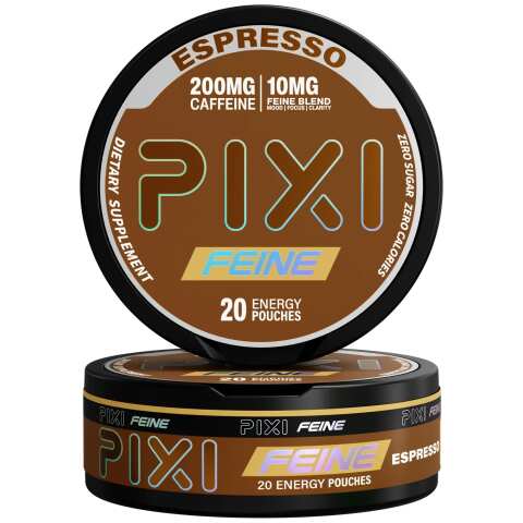 Espresso Pixi Feine Energy Pouches can with espresso coffee-inspired graphics and sleek tobacco-free pouch packaging on white background.