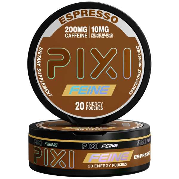 Espresso Pixi Feine Energy Pouches can with espresso coffee-inspired graphics and sleek tobacco-free pouch packaging on white background.