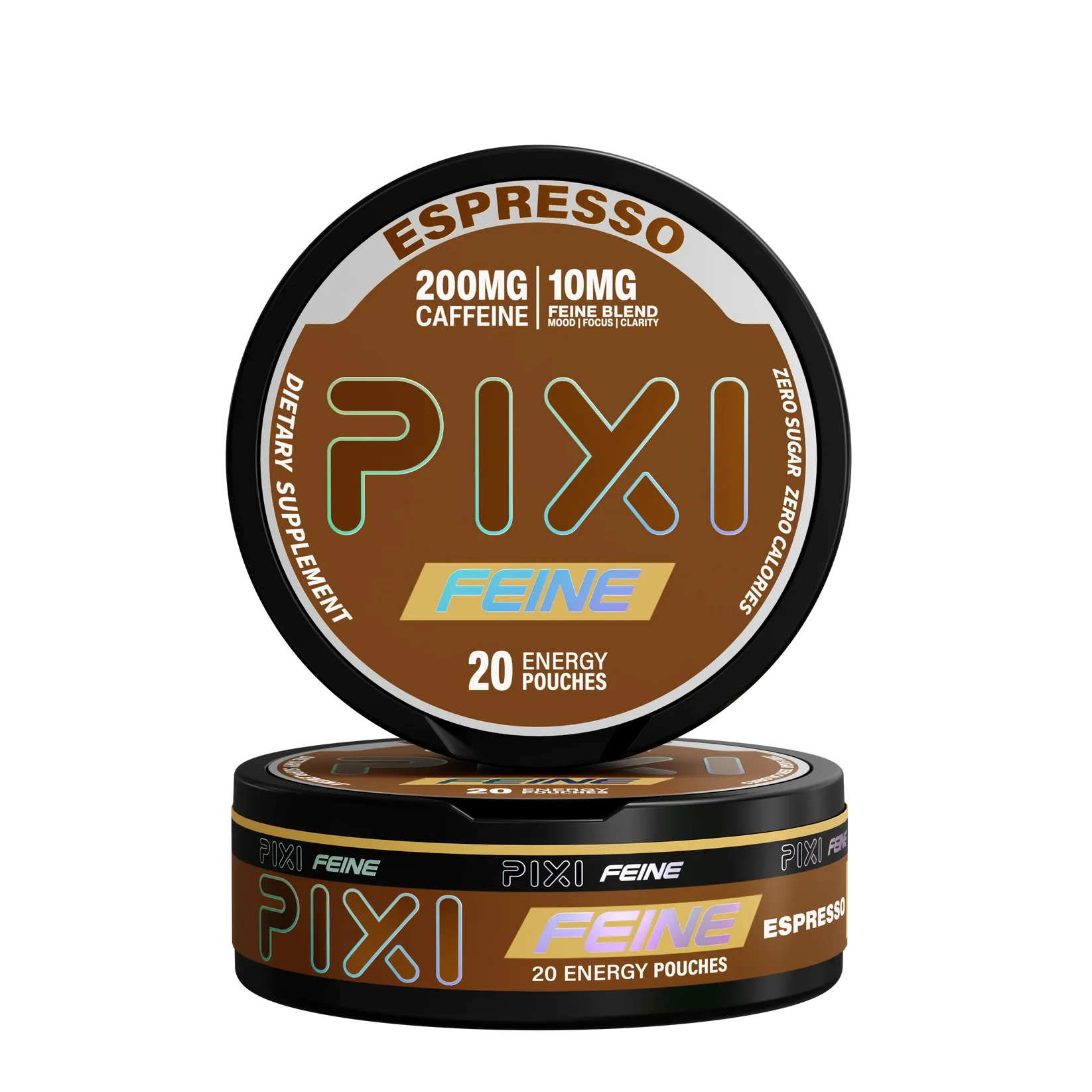 Espresso Pixi Feine Energy Pouches can with espresso coffee-inspired graphics and sleek tobacco-free pouch packaging on white background.