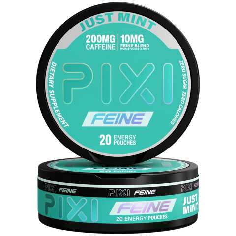 Just Mint Pixi Feine Energy Pouches can with cool mint graphics and modern tobacco-free energy pouch packaging on white background.