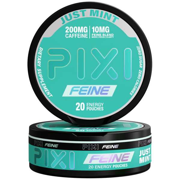 Just Mint Pixi Feine Energy Pouches can with cool mint graphics and modern tobacco-free energy pouch packaging on white background.