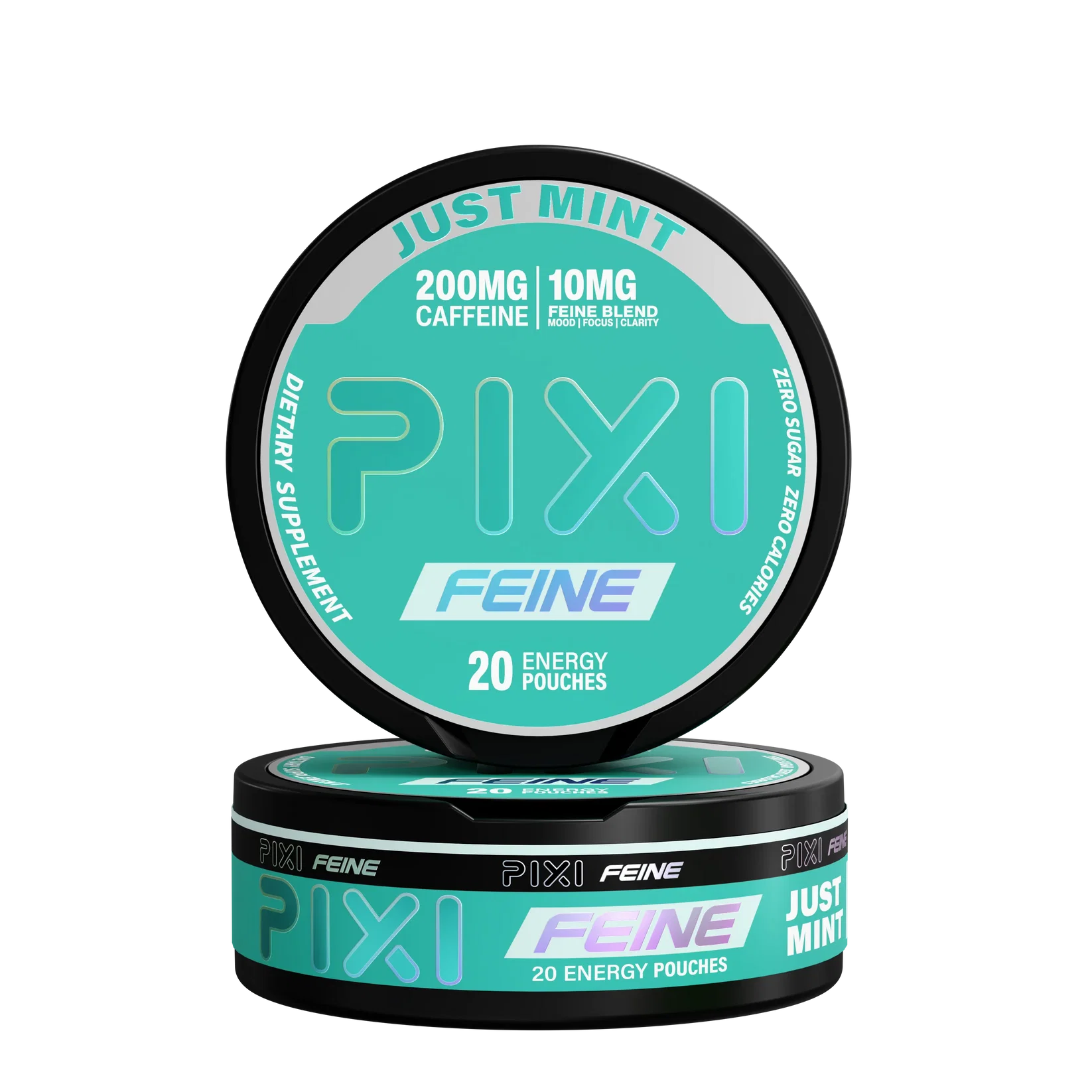 Just Mint Pixi Feine Energy Pouches Just Mint Pixi Feine Energy Pouches can with cool mint graphics and modern tobacco-free energy pouch packaging on white background.