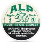 Mountain Wintergreen ALP Nicotine Pouches can with bold wintergreen mint graphics and slim tobacco-free pouch packaging on white background.