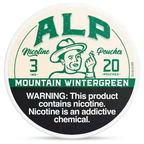Mountain Wintergreen ALP Nicotine Pouches can with bold wintergreen mint graphics and slim tobacco-free pouch packaging on white background.
