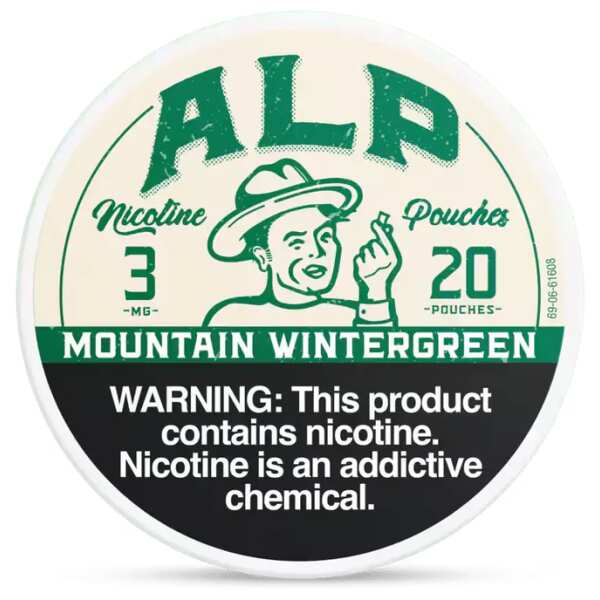 Mountain Wintergreen ALP Nicotine Pouches can with bold wintergreen mint graphics and slim tobacco-free pouch packaging on white background.