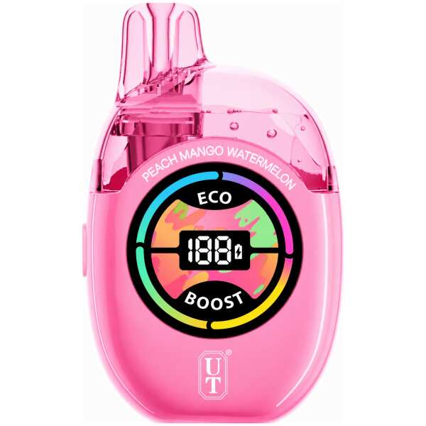 Peach Mango Watermelon UT Clear Tank 50K disposable vape with peach, mango, and watermelon graphics, transparent e-liquid tank, and display on white background.