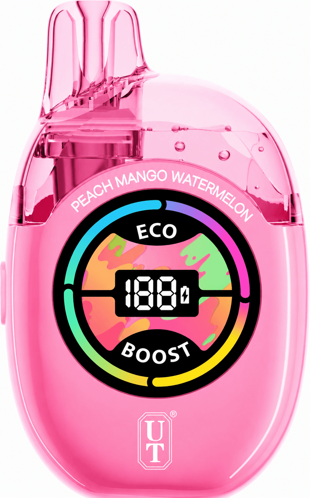 Peach Mango Watermelon UT Clear Tank 50K disposable vape with peach, mango, and watermelon graphics, transparent e-liquid tank, and display on white background.
