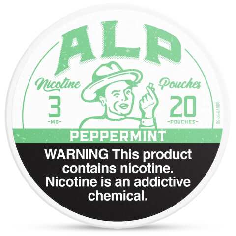 Peppermint ALP Nicotine Pouches can with cool mint graphics and slim tobacco-free pouch packaging on white background.