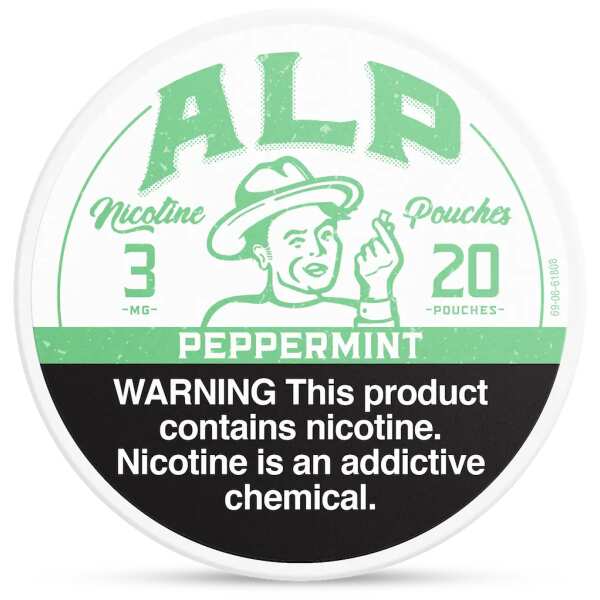 Peppermint ALP Nicotine Pouches can with cool mint graphics and slim tobacco-free pouch packaging on white background.