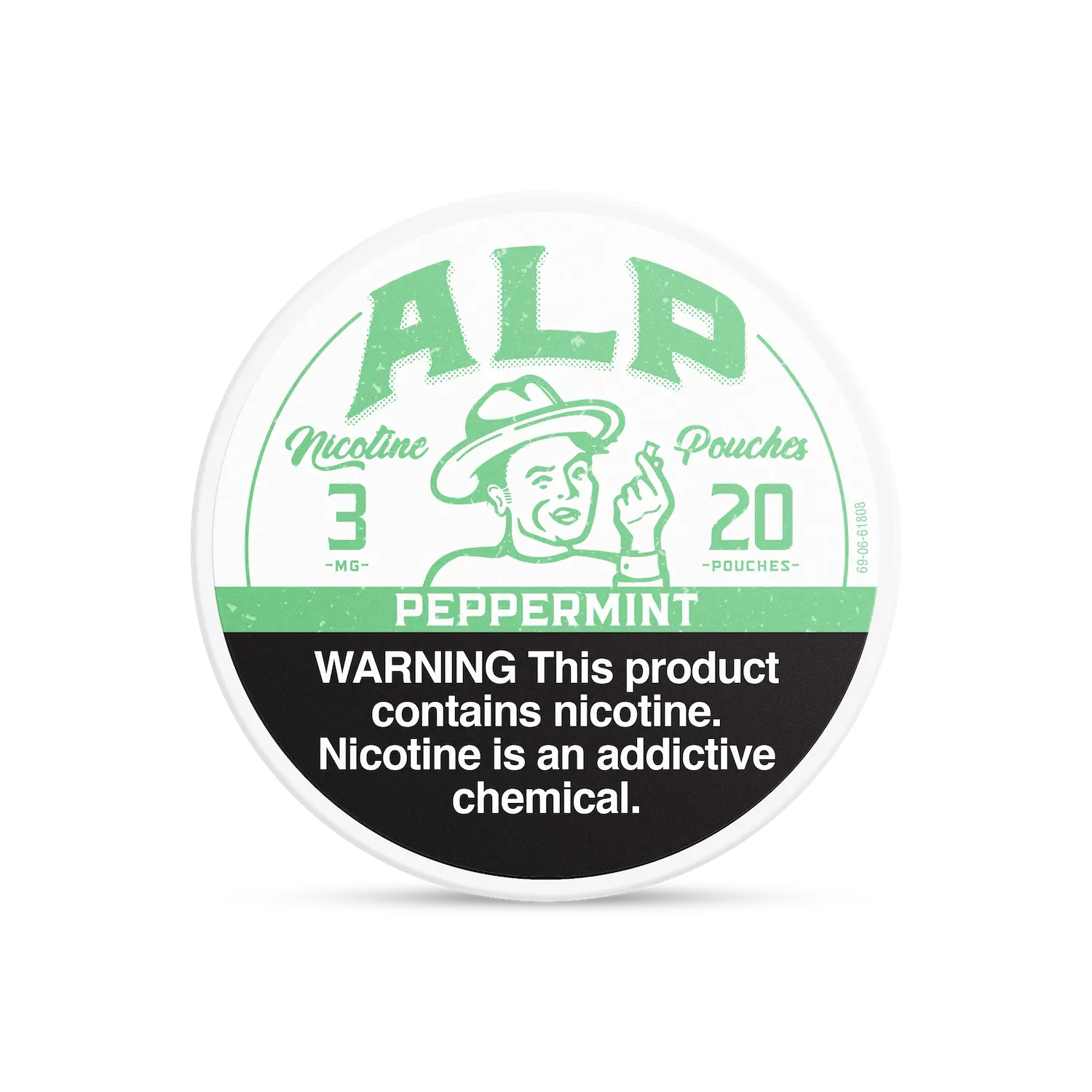 Peppermint ALP Nicotine Pouches can with cool mint graphics and slim tobacco-free pouch packaging on white background.