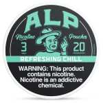 Refreshing Chill ALP Nicotine Pouches can with icy cooling graphics and slim tobacco-free pouch packaging on white background.