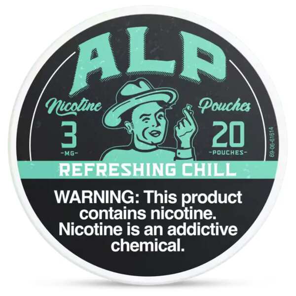 Refreshing Chill ALP Nicotine Pouches can with icy cooling graphics and slim tobacco-free pouch packaging on white background.