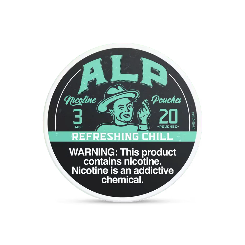 Refreshing Chill ALP Nicotine Pouches Refreshing Chill ALP Nicotine Pouches can with icy cooling graphics and slim tobacco-free pouch packaging on white background.