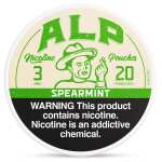 Spearmint ALP Nicotine Pouches can with soft green mint design and slim tobacco-free pouch packaging on white background.