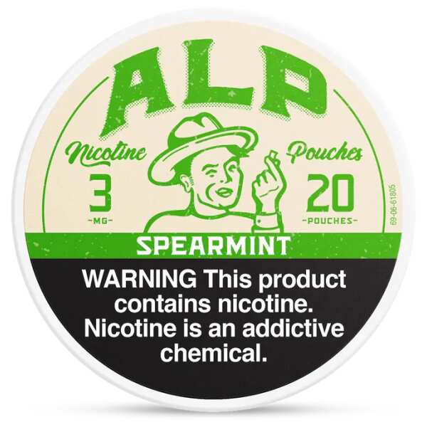 Spearmint ALP Nicotine Pouches can with soft green mint design and slim tobacco-free pouch packaging on white background.