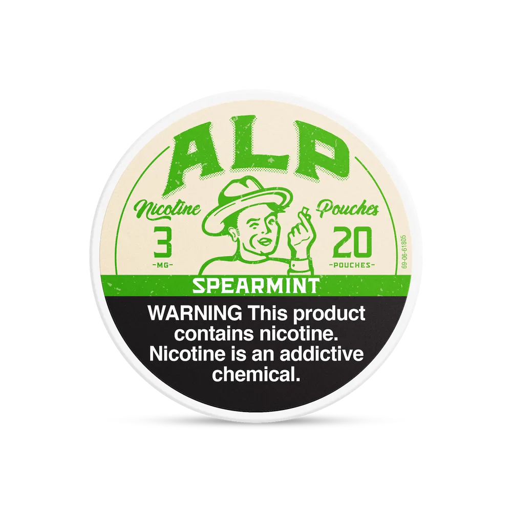 Spearmint ALP Nicotine Pouches can with soft green mint design and slim tobacco-free pouch packaging on white background.