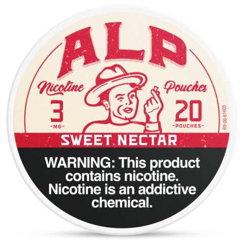Sweet Nectar ALP Nicotine Pouches can with fruity nectar-inspired graphics and slim tobacco-free pouch packaging on white background.