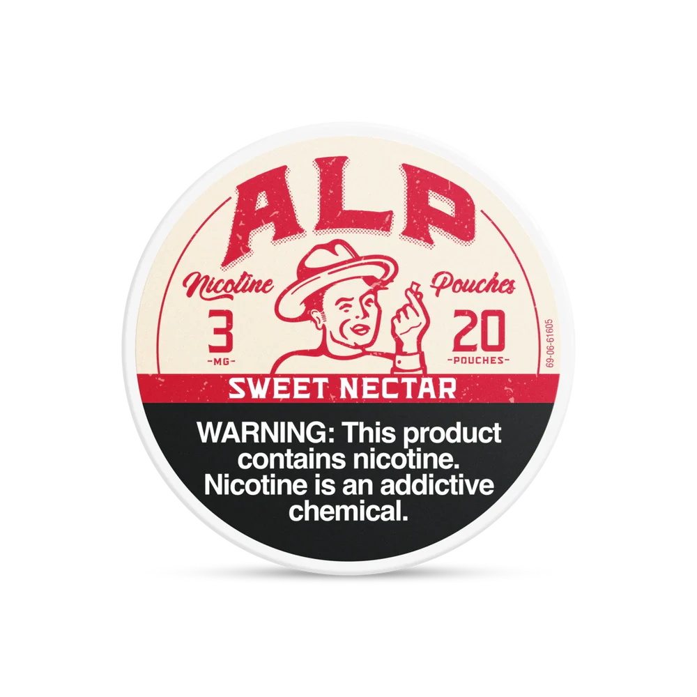 Sweet Nectar ALP Nicotine Pouches can with fruity nectar-inspired graphics and slim tobacco-free pouch packaging on white background.