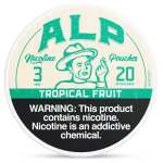 Tropical Fruit ALP Nicotine Pouches can with colorful tropical fruit graphics and slim tobacco-free pouch packaging on white background.