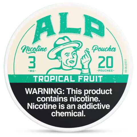 Tropical Fruit ALP Nicotine Pouches can with colorful tropical fruit graphics and slim tobacco-free pouch packaging on white background.
