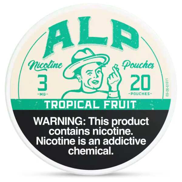 Tropical Fruit ALP Nicotine Pouches can with colorful tropical fruit graphics and slim tobacco-free pouch packaging on white background.