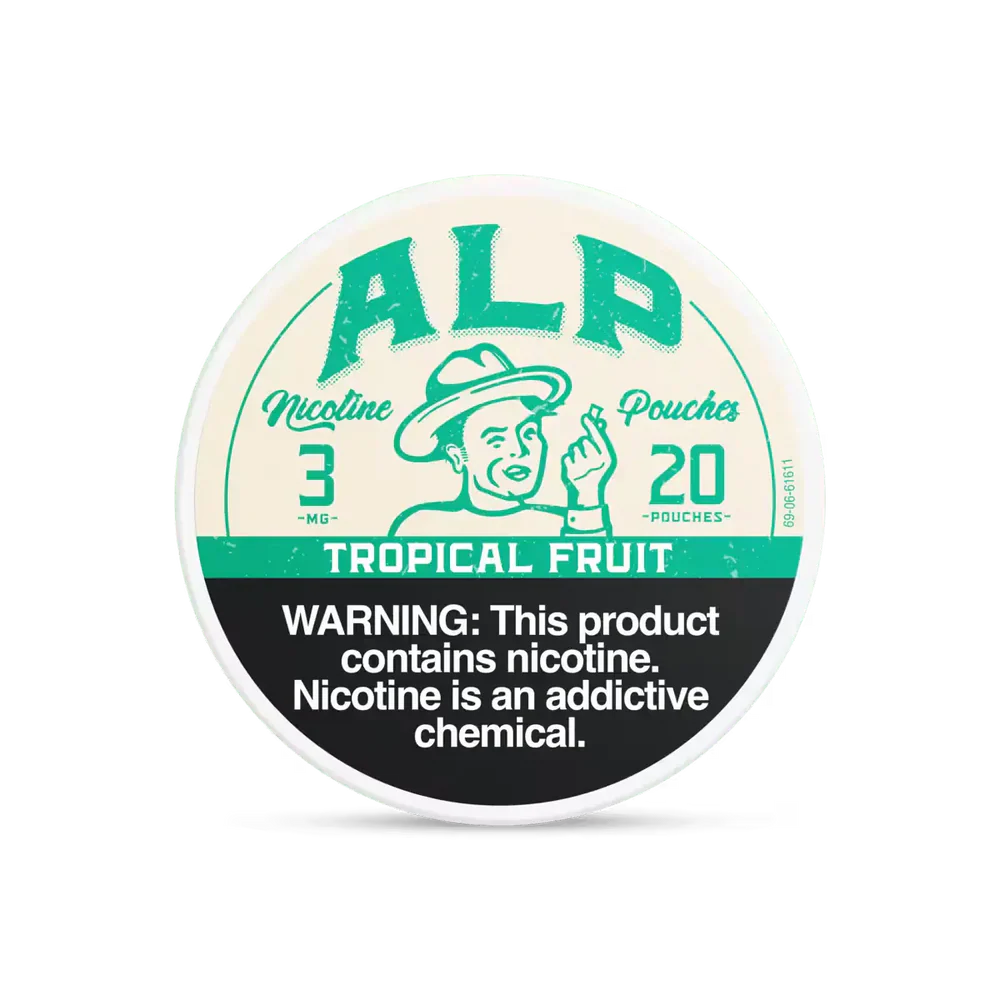Tropical Fruit ALP Nicotine Pouches Tropical Fruit ALP Nicotine Pouches can with colorful tropical fruit graphics and slim tobacco-free pouch packaging on white background.