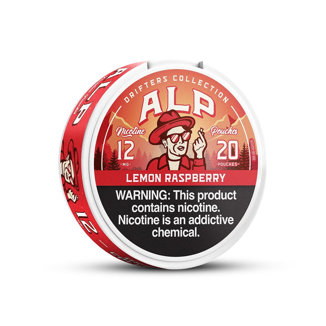 Lemon Raspberry ALP Nicotine Pouches can with lemon and raspberry-inspired design on white background.