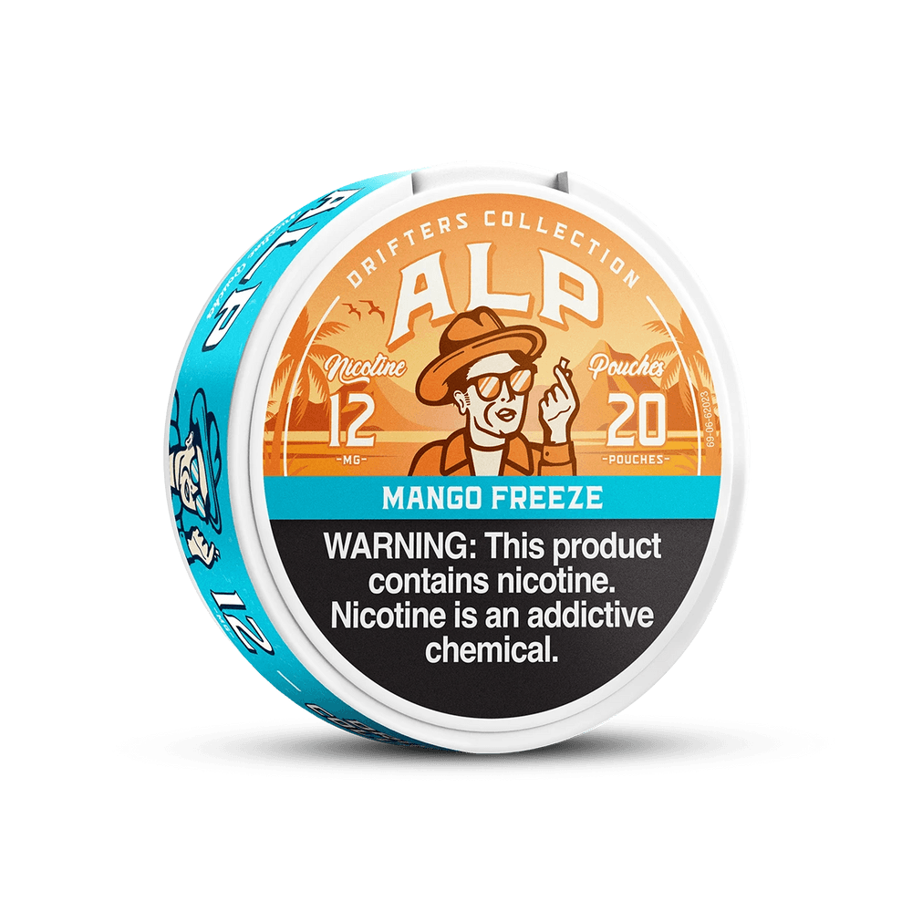 Mango Freeze ALP Nicotine Pouches Mango Freeze ALP Nicotine Pouches can with tropical mango-inspired graphics and an icy design on white background.