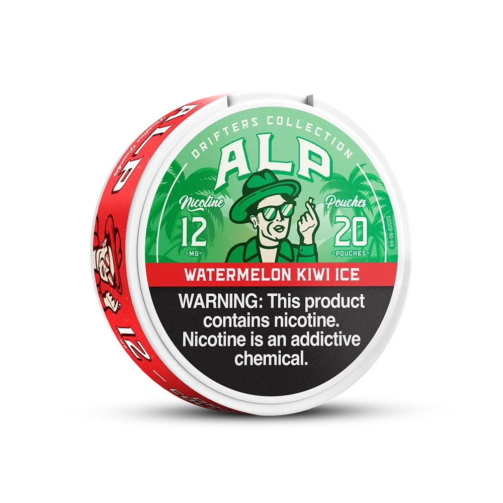Watermelon Kiwi Ice ALP Nicotine Pouches Watermelon Kiwi Ice ALP Nicotine Pouches can with watermelon and kiwi-inspired graphics and an icy design on white background.